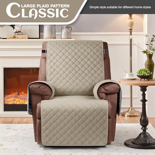 Image of KinCam 100% Waterproof Recliner Chair Cover, Reclining Couch Covers for Pets, Dogs, Recliner Couch Slipcover Furniture Protector with Elastic Straps for Kids(30 inch, Khaki)