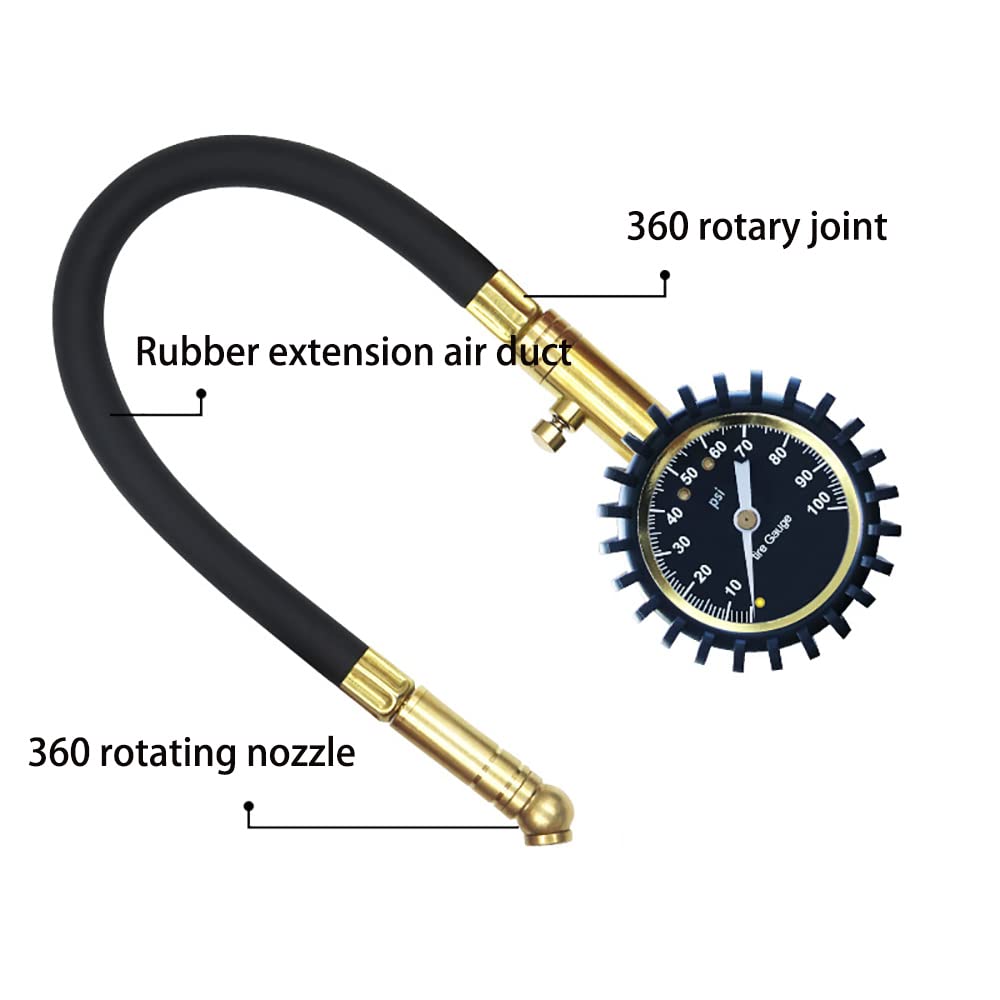 Manometro per Pneumatici, contatore di Pressione Portatile puntatore, Tubo in Gomma Resistente e Struttura in Ottone Massiccio, Adatto per Auto, Camion e motocicli (Oro)