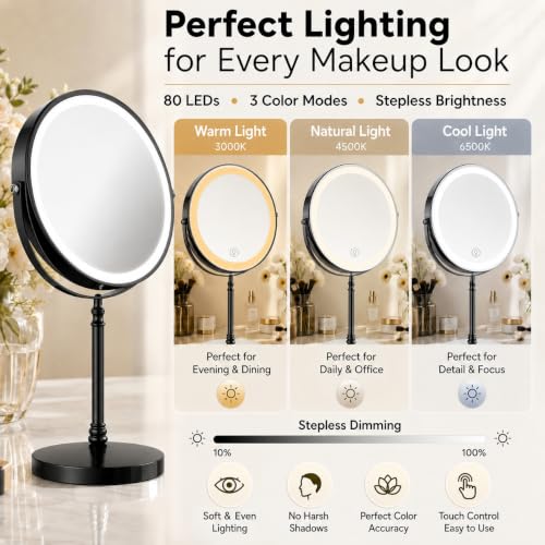 Image of DEIOVWXS Makeup Mirror, Rechargeable Vanity Mirror with 3 Lights, 1X /10X