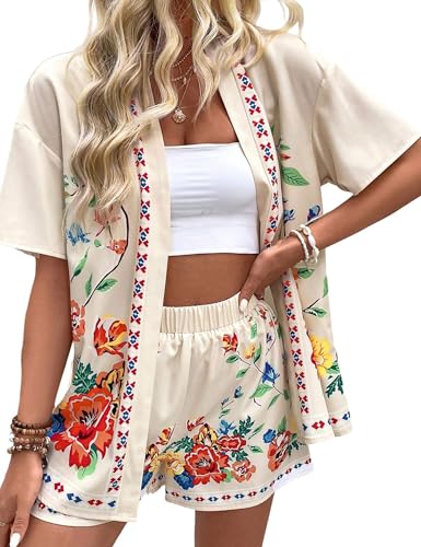 TUREAU Women Boho Tropical Print Beach Cover Up Shorts Set