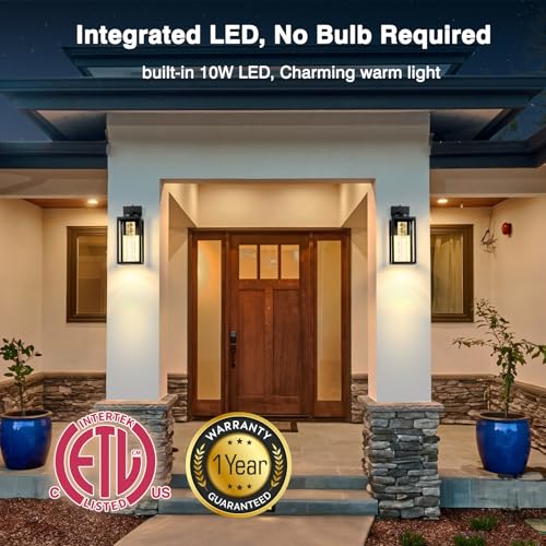 Image of VIANIS 2 Packs Large Exterior House Lighting Fixtures Wall Mount, Anti-Rust | Upgrade Photocell, Integrated 10W LED, Waterproof Porch Lights Outdoor Dusk to Dawn, Modern Black Outdoor Wall Sconce Lantern