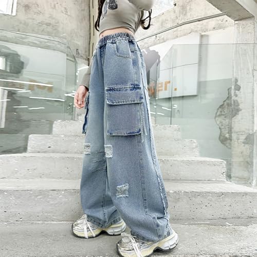 Baggy Jeans for Girls Pockets Ripped Cargo Adjustable Waist Wide Leg Pants Streetwear Cute Jeans for Girls Washed Raw Hem2