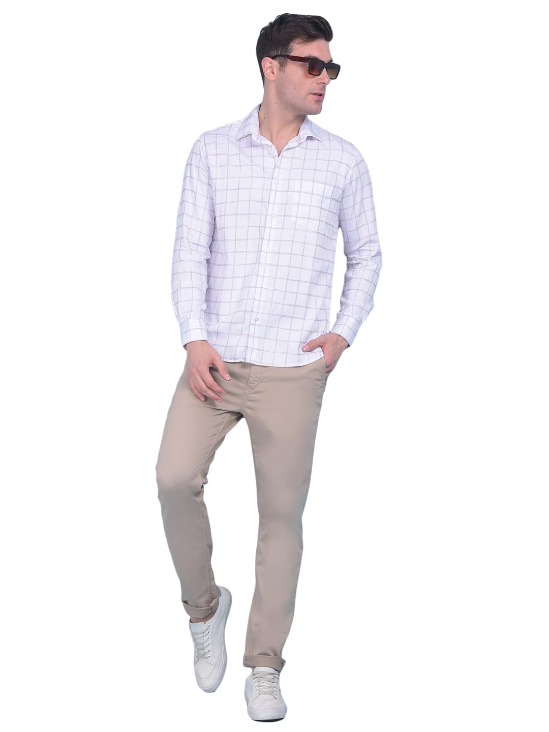 Crimsoune Club Men's White Plain Check 100% Cotton Shirt-picture-24