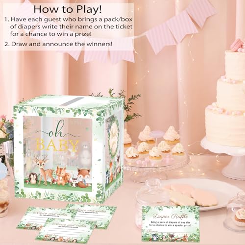 Image of 51Pcs Woodland Diaper Raffle Tickets with Box for Baby Shower Games, Oh Baby Diaper Raffle Card Box with Cards, Greenery Forest Animals Raffle Gender Reveal Raffle Party Decoration Card Box