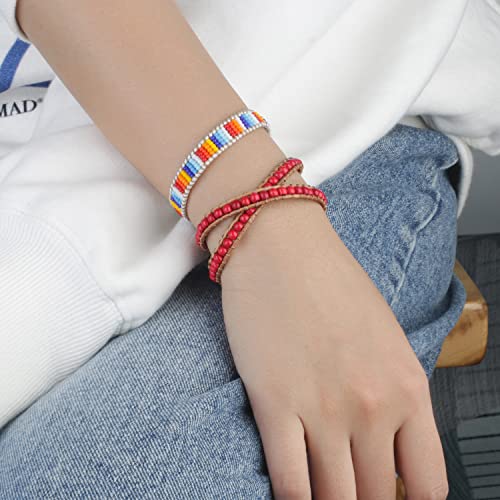 Image of KELITCH Double Wrap Bracelet Women Hand-Braided Turquoise Beads Bracelets Boho Leather Bracelets Bangle