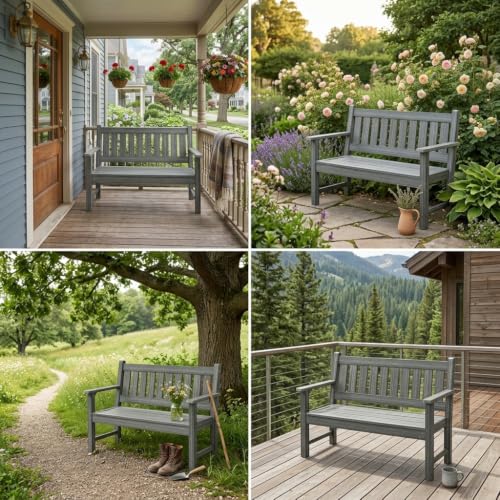 Image of HDPE Outdoor Bench Patio Seating 800 Lbs Capacity, Weathered Gray