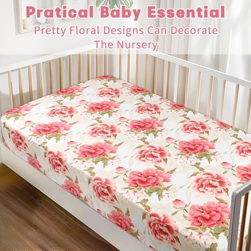 Image of Crib Sheets for Girls Boys, HNHUAMING Neutral Crib Sheet Fitted, Ultra Soft Baby Crib Sheets 52'' X 28'' inch Fits for Standard Crib & Toddler Mattress, Pink Peony Floral