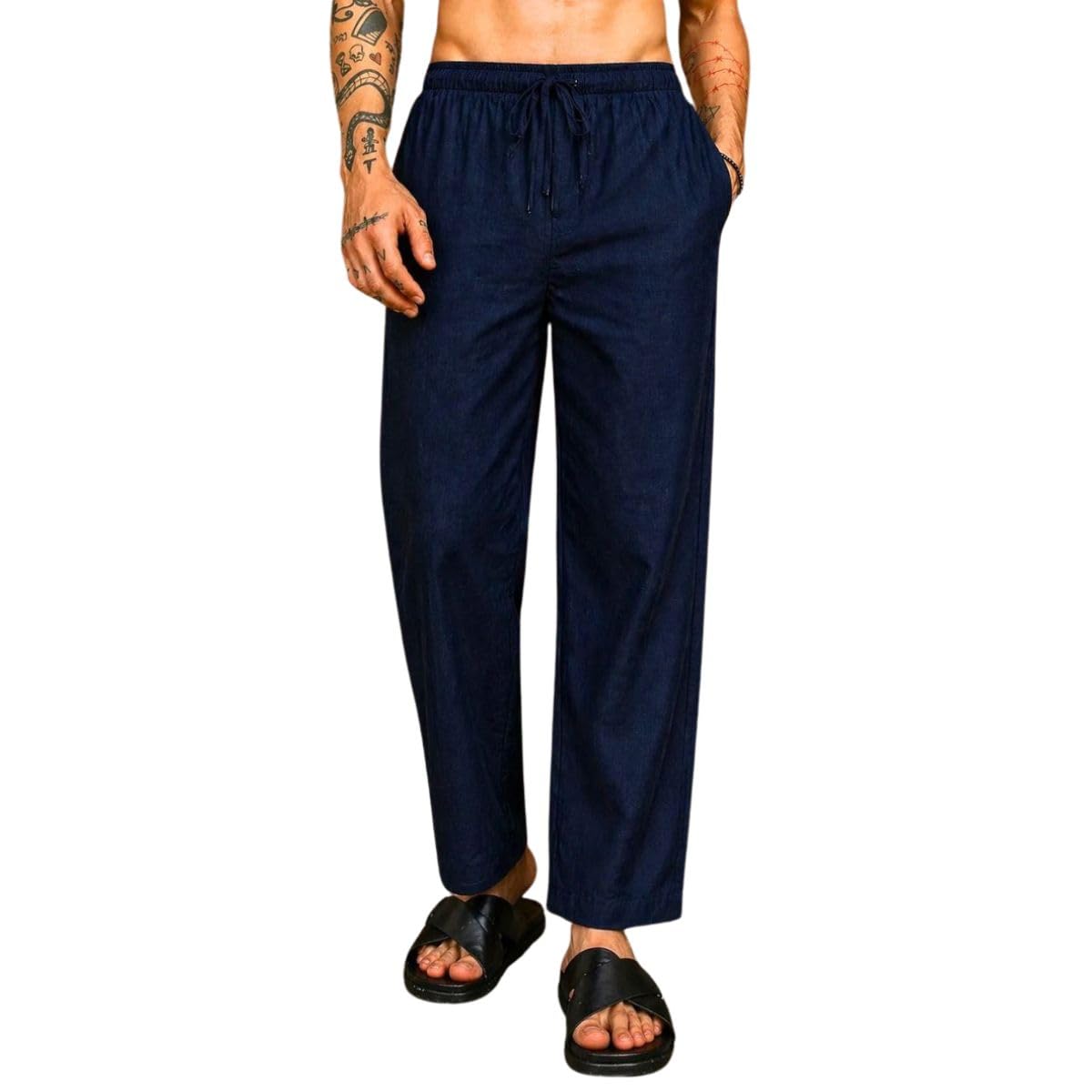 Men's Navy Blue Cotton Linen Pants | Lightweight Summer Trouser | Regular Fit | Size L-image-19
