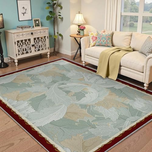 Botanical Leaf Area Rug 6x10ft Washable Low Pile Sage Green