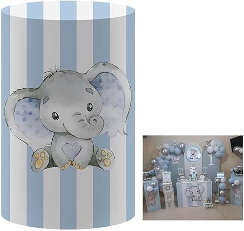 Cubiertas de zócalo cilíndrico de rayas azules para fiestas de cumpleaños, baby shower, decoración de boda, soporte de pedestal de elefante lindo