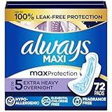 Always Maxi Overnight Pads with Wings, Size 5, Extra Heavy Overnight, Unscented, 72 Count