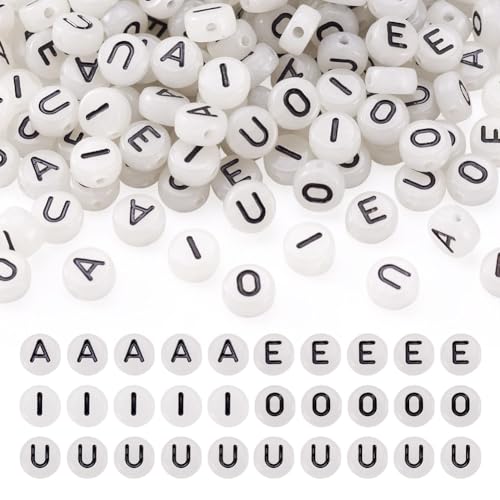 Cheriswelry 500pcs Vowel Alphabet Luminous Disc Beads, 7mm Flat Round Coin Letter Spacer Beads for Jewelry Making Beading Art