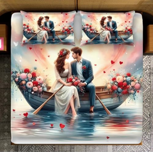 Image of Premium 7D Digital Printed Cotton Flat Bedsheet (90 X 100) Inch with 2 King Size Pillow Covers -300 TC Fabric, Design & Superior Comfort Double Bedsheet for Double Bed (Peach Cream - Couple Pattern 3)