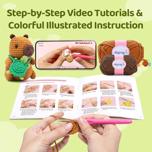 Image of Mewaii Crochet Kit for Beginners Level 1 with 40% Extra Eco-Friendly Pre-Started Easy Yarn, Step-by-Step Video Tutorials for Adults and Kids (Capybara)