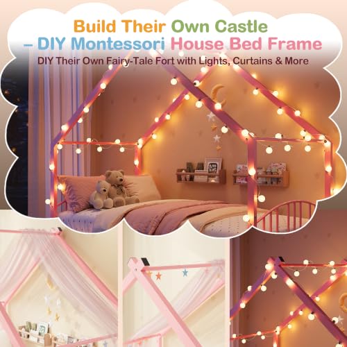 Image of Garvee Twin Size Metal House Bed Frame for Kids, Pink