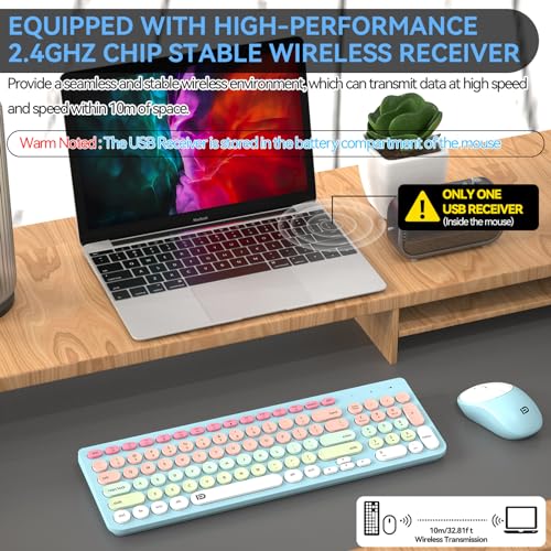 Image of FD Wireless Keyboards and Mouse Combo - 2.4GHz USB Cordless, Cute Wireless Keyboard Round Keys, Quiet and Slim Set for Laptop, Computer, TV and Mac - Blue Pale Green Colorful