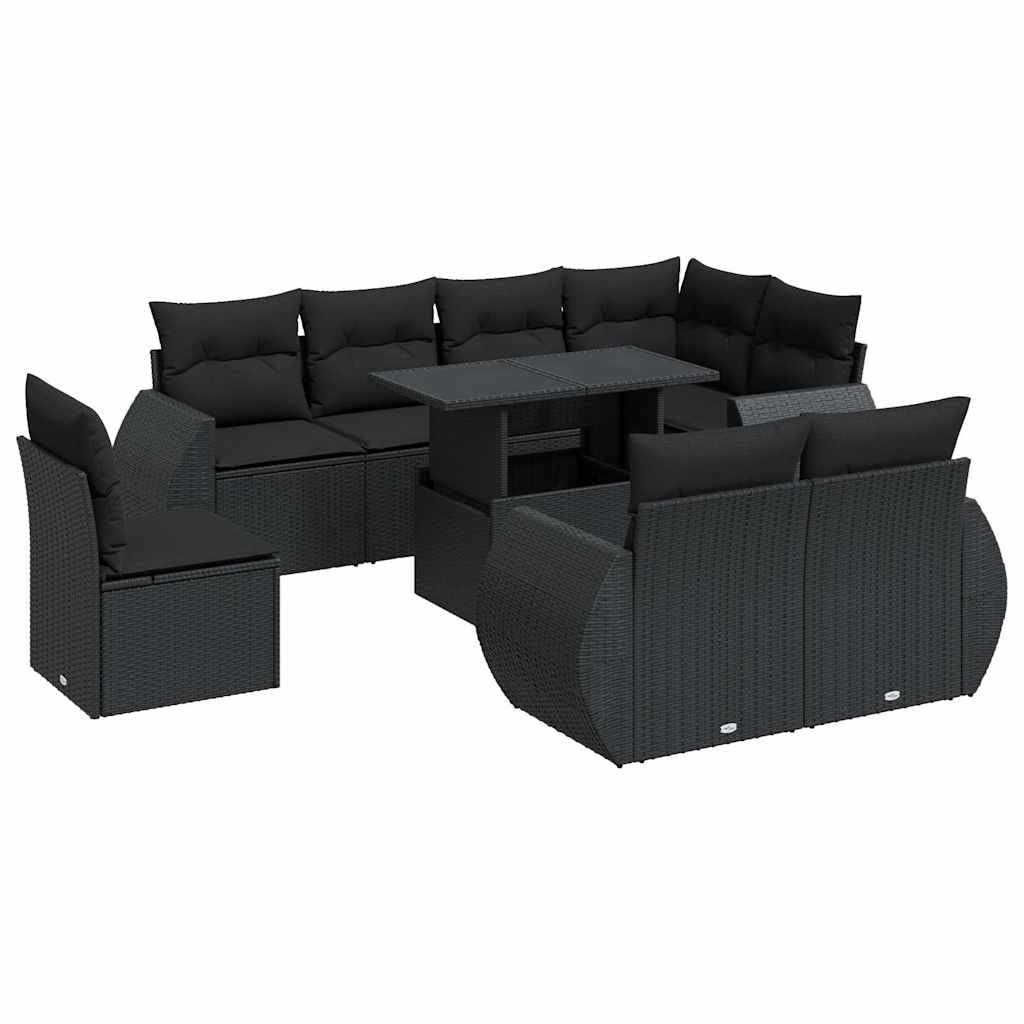 Zestaw Sofy Ogrodowe 9-Częściowy Czarny Sztuczny Rattan