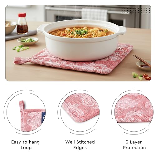 Image of Encasa XO 100% Cotton Apron Set for Women & Men with Adjustable Apron, Oven Gloves & Pot Holder (Pack of 3) Combo, Heat-Resistant, Soft & Durable for Cooking, Baking & Grilling (Floral Red)