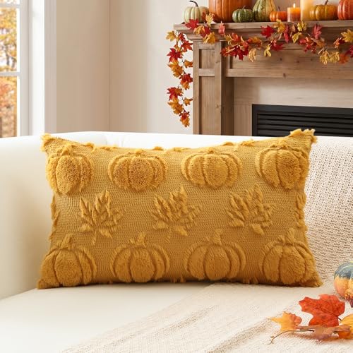 Image of Sungeek Fall Cushion Covers 30x50cm, Pumpkin Maple Leaves Autumn Thanksgiving Decoration Throw Pillow Covers Farmhouse Soft Plush Faux Fur Pillow Case for Sofa Bedroom Living Room, Yellow