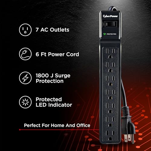 CyberPower CSB706 Essential Surge Protector, 1500J/125V, 7 Outlets, 6ft Power Cord - image 3