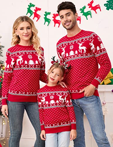 Image of MISSKY Family Christmas Sweater Crew Neck Reindeer Snowflakes Knitted Pullover for Women /Men /Kids