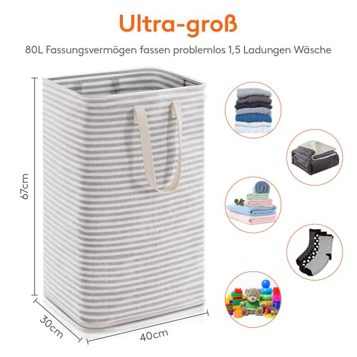 Lifewit 80L Wäschekorb, Großer Wäschesammler, Faltbare Wäschebox, Wasserdichter Wäschesortierer, Aufbewahrungsbox mit Griffen für Kleidung, Handtücher, Spielzeug, Grau