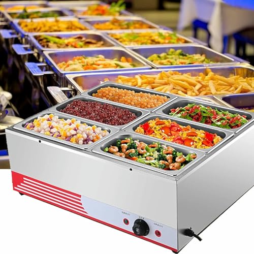 Image of Electric Plates Buffet Steam Buffet, Commercial 1500W Stainless Steel Chafing Dishes Table Steamer Soup, with Lids, Drain Tap, for Restaurants ~ /
