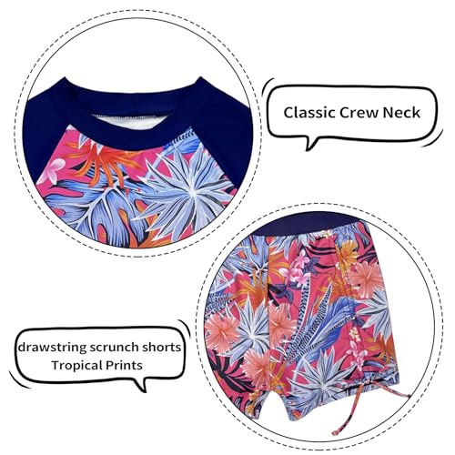 Image of Girls Swimsuit Long Sleeve Rash Guard Bathing Suit Two Piece Swimwear Swimming Tops and Ruched Shorts 4-13t
