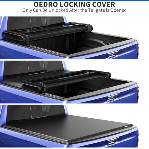 Image of oEdRo Soft Tri-fold Truck Bed Tonneau Cover Compatible with 2005-2015 Toyota Tacoma with 5ft Bed, Fleetside with Track Rail System