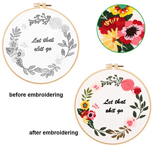 ORANDESIGNE Funny Embroidery Kit for Beginners, Stamped Cross Stitch Kits for Beginners Adults Patterned Needlepoint Embroidery Hoops Cloth Color Thread Floss Flowers Plants Cactus - Thumbnail 2