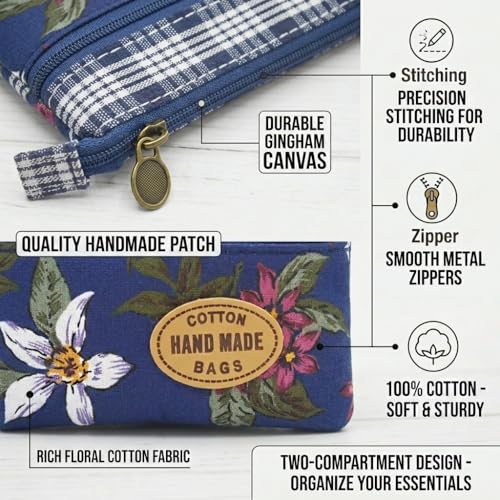 Image of Women Small Zipper Coin Purse, Handmade Fabric Flower Embroidered Change Pouch, Cotton Double Zipper Wallet