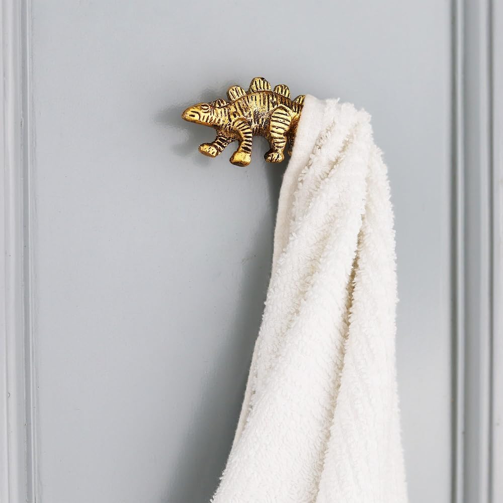 Indian Shelf 3 Pieces Cute Dinosaur Nursery Wall Hooks for Hanging Things Kids Decorative Bathroom Wall Decor Gold Towel Hooks for Hanging Coats, Purse, Backpack, Hats, Ties