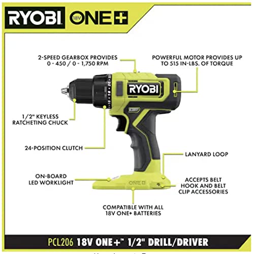 RYOBI ONE+ 18V Cordless 1/2 in. Drill/Driver (Tool Only) PCL206B Black Green - Image 3
