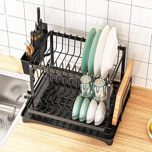 Image of Dish Drying Rack, 2 Tier Space-Saving Dish Rack, Multifunctional Dish Drainer for Kitchen Counter with Drainboard /Utensil /Cup Holder Rustproof Carbon Steel, Black