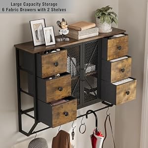 Farmhouse Rustic Medicine Cabinet with 6 Drawer Bathroom Wall Cabinet with 2 Barn Door Wall Mounted Storage Cabinet with 5 Hooks and Towel Bar 3 Tier Bathroom Cabinet for Bathroom
