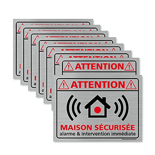 Adhésif (lot de 8) - Planche de 8 Adhésifs Attention Maison Sécurisée - Aspect aluminium brossé - Dimensions 80 x 60 mm - Protection Anti UV