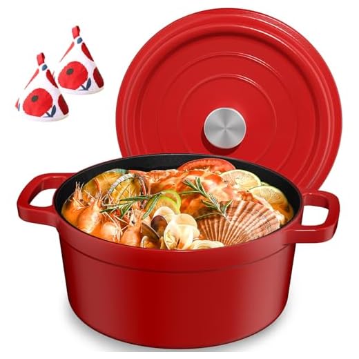 YASHE Pentola in Ghisa con Coperchio, Casseruola Antiaderente, Forno Olandese Smaltato Rotondo per Zuppe, Stufati e Cottura al Forno, Rossa