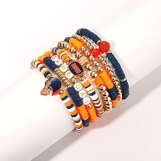 Game Day Bracelets for Women Football Bracelets Stackable Heishi Clay Beaded Stretch Bracelets Charm Sports Fan Charm Bracelet Bangles Football Mom Accessories Jewelry Gifts4