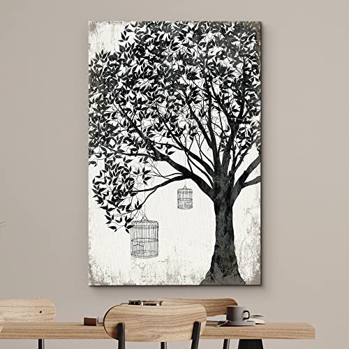 wall26 Canvas Print Wall Art Black & White Tree on Rustic Background with Bird Cages Nature Plants Digital Art Modern Art Rustic Dramatic Dark Duotone for Living Room, Bedroom, Office - 12"x18"