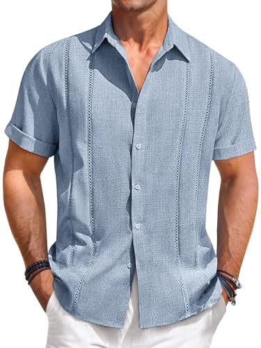 Runcati Camisas Guayabera para hombre, estilo de lino cubano, camisa de playa de manga corta con botones para México, azul claro, XL
