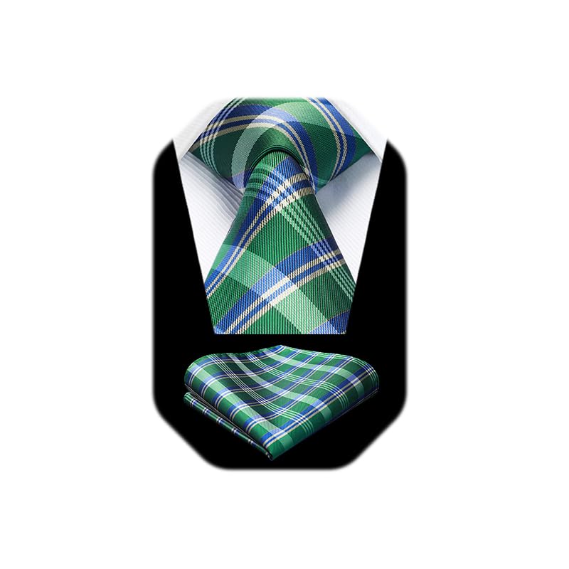 Image of HISDERN Ties for Men Formal Business Plaid Checked Mens Ties and Pocket Square Set Classic Wedding Necktie Handkerchief