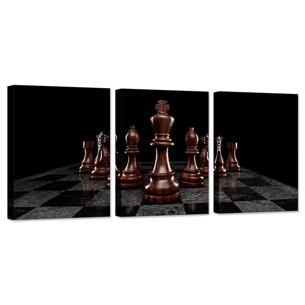 Biuteawal 3 Pieces Wall Decor Chess Canvas Wall Art Poster Prints Wooden Chess King Knight Picture Vintage Canvas Prints for Home Office Game Room Men