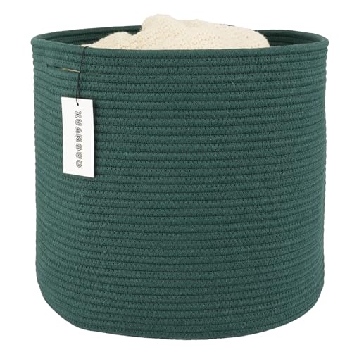 Image of XUANGUO Cotton Rope Basket For Girls Boys Kids 16”X14” Baby Laundry Basket Nursery Bin Round Woven Baskets Organizer For Storage Toys Blankets Shoes Clothes dark green