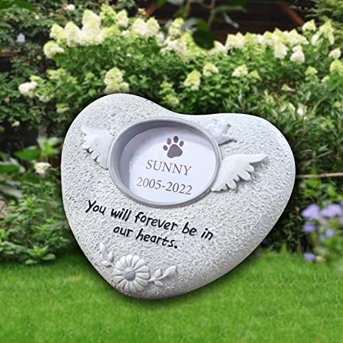 ROOGO Heart-Shaped Pet Memorial Stone with Angel Wings and Sunflower Design, Indoor Outdoor Dog or Cat Garden Backyard Marker Grave Tombstone, Loss of Cat/Dog Gift