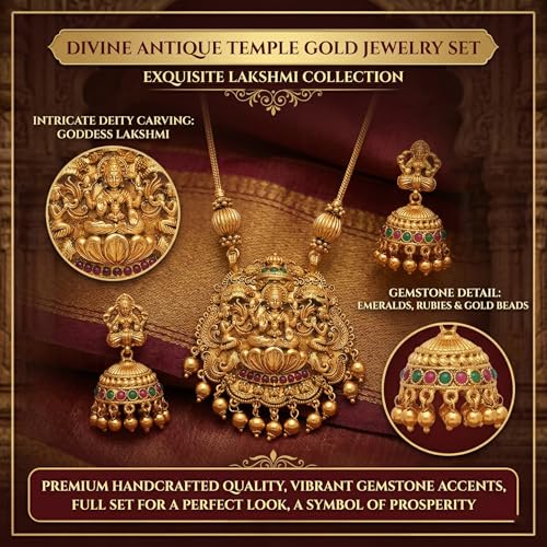 Image of Traditional Gold-Plated Lakshmi Temple Pendant Necklace Set for Women | Antique South Indian Jewelry with Jhumka Earrings | Ethnic Bridal, Wedding & Festive Jewelry Set