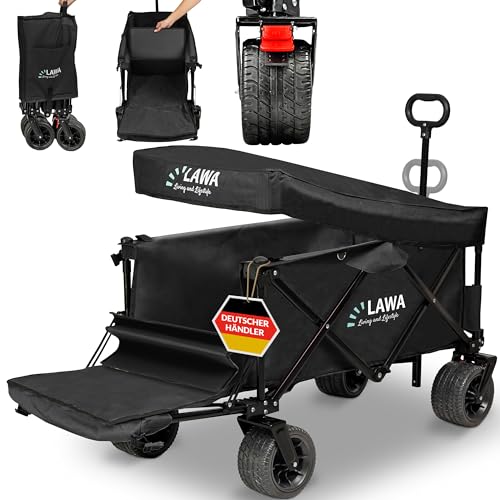Bollerwagen faltbar mit Dach Bremse ausziehbarer Teleskopgriff bis 100kg breite Räder Handwagen Faltwagen Gartenwagen Transportwagen klappbar Strandwagen (SCHWARZ mit Plane)
