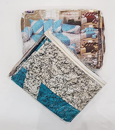 Image of Home Sajja Premium Velvet 1 Diwan Sheet, 2 Bloster with Dori, 5 Cushions Cover, Size- 60 x 90, Colour-Aqua & White