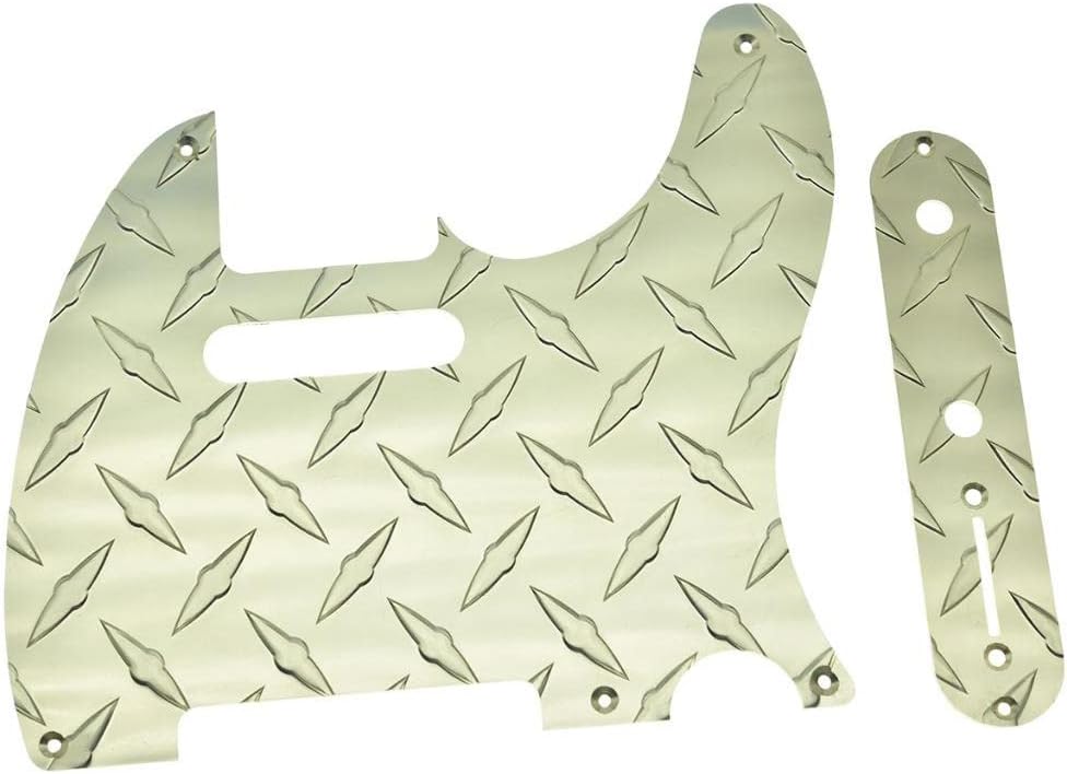 KAISH Diamond Plate Vintage 5 Hole Tele Pickguard with Metal Aluminum Diamond Plate Control Plate and Screws for American/Mexican FD Telecaster Gold
