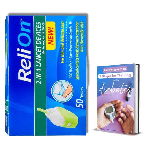Relion 50 Single Use Safety Lancets for Thin and Delicate Skin Bundle. Includes, ReliOn Single-Use 2-In-1 Lancing Device 30G Needle, 50 Count and SAMBA LIFE eBook “7 Steps to Thrive with Diabetes” (1)