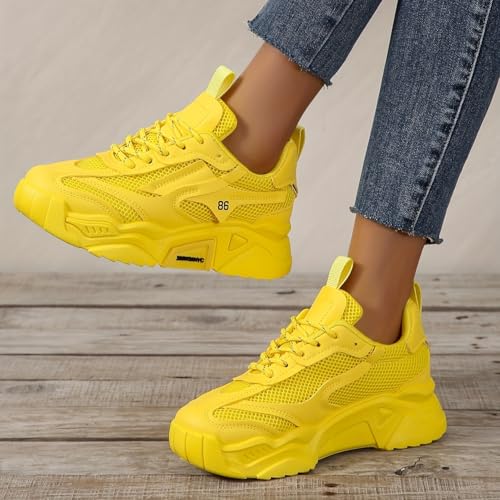 Women's Sneakers Low-top Women's Breathable Solid Color Mesh Sneakers, Lace Up Platform Casual Trainers3